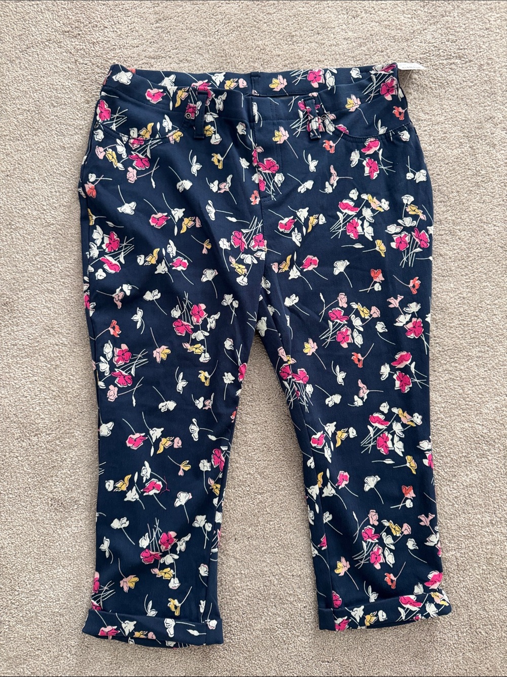 Women's Navy Floral Capri Pants - Pink & White Print